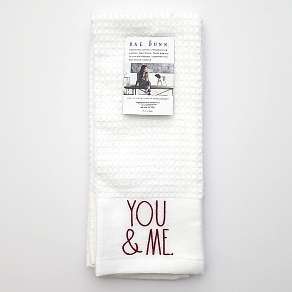 Rae Dunn Set of 2 Kitchen Towels White RED Large Letters LOVE ALWAYS, YOU & ME - Picture 1 of 7